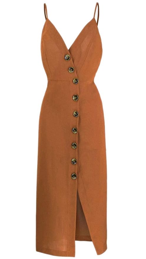 Top-Vigor Damenkleider-V-Ausschnitt Kleid Ärmellos Spaghetti Strap Button Down Sommer Lässige Party Club Cocktail Midi Kleide