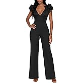 HWP Jumpsuits for Women Dressy V-Neck Sleeveless Ruffle Sexy Romper Wide Leg Pant Party Clubwear Outfits