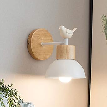 Lyghtzy Scandinavian Design Worught Iron Bowl Lampshade Wall Light With Cute Little Bird And Wooden Base For Bedroom Living Room Study Room White Amazon Co Uk Lighting