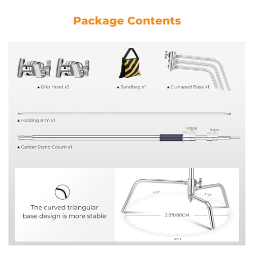 K&F CONCEPT Heavy Duty C Stand 10.8ft/330cm with Holding Arm Carry Bag Sandbag, 2*Grip 1* Sandbag Head Stainless Steel Photography Light Stand C-Stand Sturdy for Studio Monolight, Softbox, Reflector