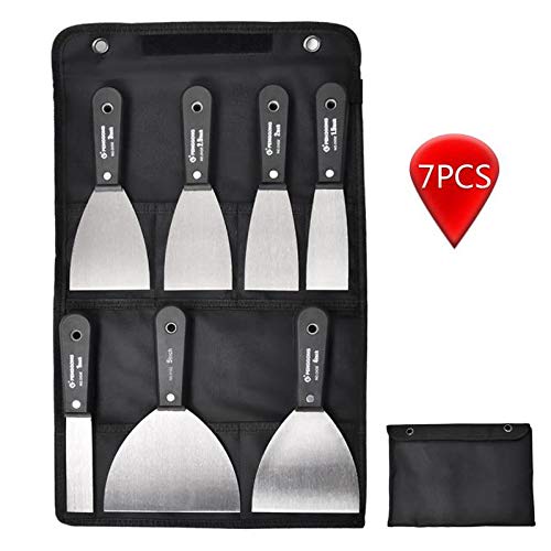 7 Pieces Putty Knife Set, Steel Scraper Drywall Taping Knife Paint Plastering Knife Wall Scrapers Comfortable and Anti-slip Handle,1/1.5/2/2.5/3/4/5 Inch with Black Storage Bag Gift for Family