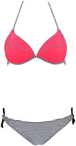JingQi Women's Halter Striped Color Block Triangle Swimsuit Bikini Set (S(US2-4), Bright Red)