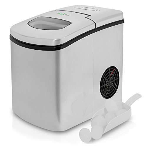 NutriChef Upgraded Digital Portable Ice Maker Machine - Heavy Duty Electric Stainless Steel Stain Resistant Countertop and Built in Freezer Over Sized Bucket w/ LED Light Easy Touch Button PICEM25