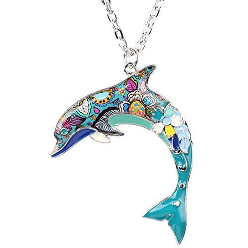 BONSNY Ocean Collection “BLUE” Statement Enamel Alloy Dolphin Necklace Pendant 18