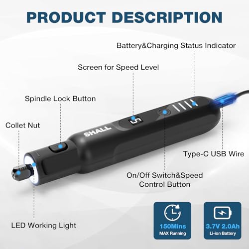 SHALL Utensile rotante senza fili da 3,7 V, 20000 giri/min, 5 velocità, kit smerigliatrice ricaricabile tramite USB con 70 accessori e luce LED, multiuso per levigatura, lucidatura, foratura, molatura