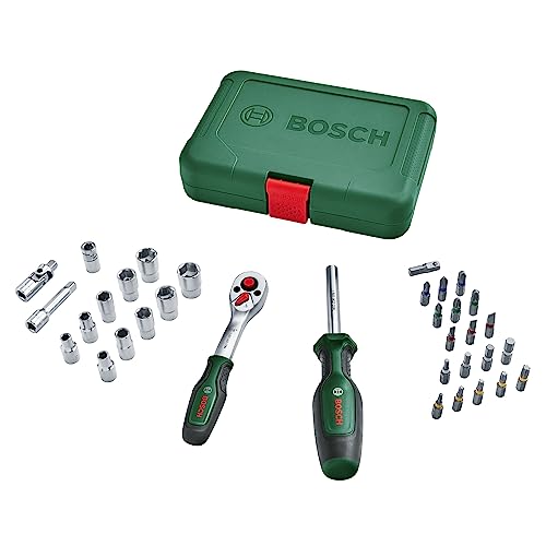 Bosch Ratschen / ¼"Steckschlüsselsatz-Set, 34-teilig (hochwertiger und vielseitiger Steckschlüsselsatz für zahlreiche Heimwerkeraufgaben; ergonomische