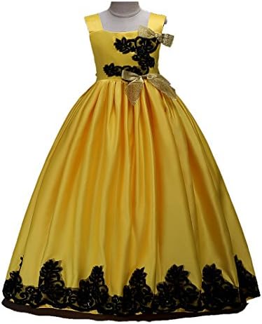 Girls Dress Satin Embroidered Wedding Party Lace Tutu Maxi Formal Long Dress Gown (Yellow, 11-12 Years)