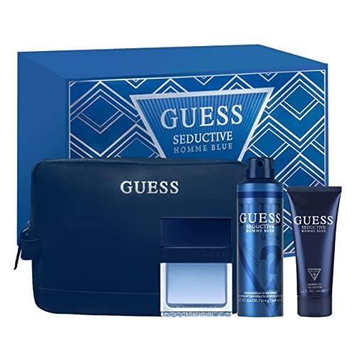 Guess Seductive Homme Blue 3.4oz EDT Spray, 6.0oz Deodorant Body Spray, 3.4oz Shower Gel, Pouch Men 4 Pc Gift Set