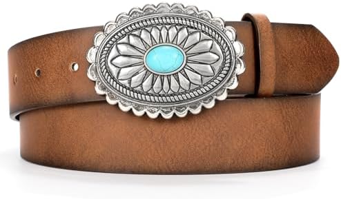 Western Tooled Leather Belt with Concho Silver-Tone Turquoise Buckle Hairon Western Concho Belt Women main image 3