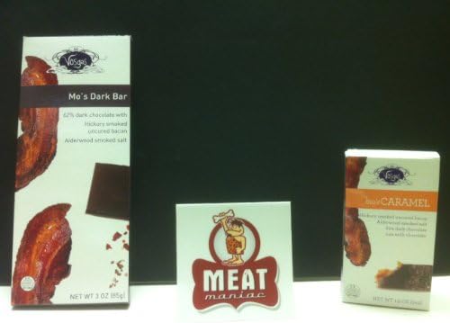 MEAT MANIAC Chocolate Bacon Combo Gift Pack with Sticker- Vosges Mo's Dark Choclate Bacon Bar (3oz) &amp; Vosges Mo's Bacon Caramel (4pk)