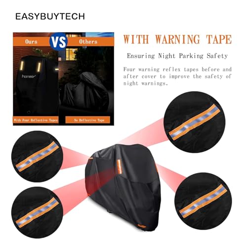 EASYBUYTECH Motorcycle Cover,Motorbike Cover All Season Universal Weather Waterproof Outdoor UV Protection with 4 Reflective Strips & Storage Bag,2XL Motorcycles Vehicle Cover, BLACK