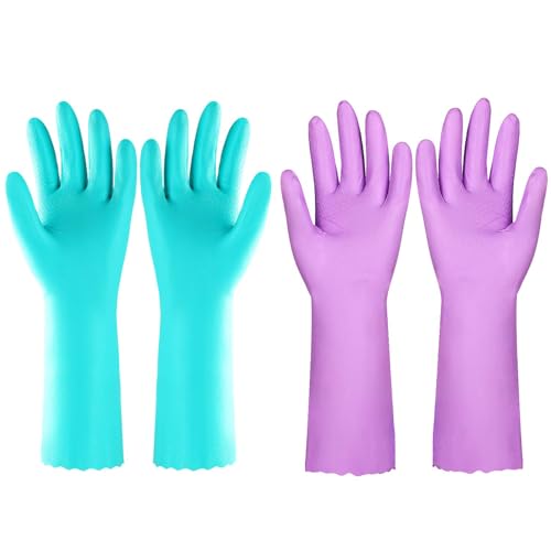 Elgood Reusable Dishwashing Cleaning Gloves with Latex free, Cotton lining,Kitchen Gloves 2 Pairs,Purple+blue Medium