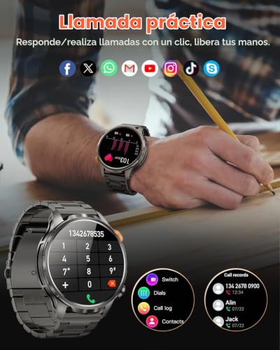 Reloj Inteligente Hombre con 1000mAh Batería y Linterna, 1.91" AMOLED, 5ATM Impermeable Smartwatch Militar con Llamadas, 113 Modes Sportifs, 24/7 Pulsómetro/Oxímetro/Sueño/Podomètre/Android iOS