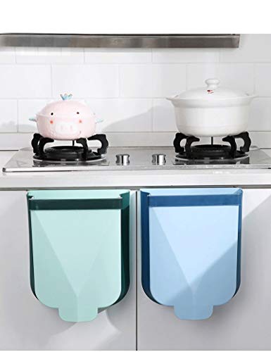 YAJONUE Hanging Kitchen Trash Can Bathroom Folding Garbage Bin Small Wall Mounted Portable Collapsible Waste Bin for Office Car Bedroom, Plastic, Green, 2.6 Gallon