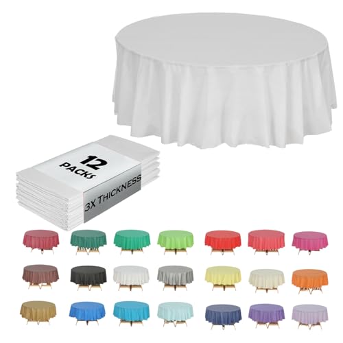 (12-Pack) Heavy Duty Plastic Table Covers Tablecloth (Reusable) (Round 84, White) by Ever Shine