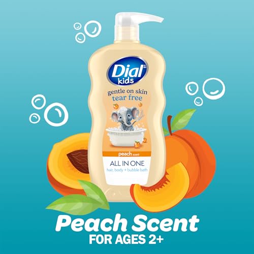 Dial Kids All-in-1 Body + Hair + Bubble Bath, Peach Scent, 32 Fl Oz, Hypoallergenic Body Wash & Shampoo, No Tears Formula for Kids 2+ Years, No Parabens & Silicones