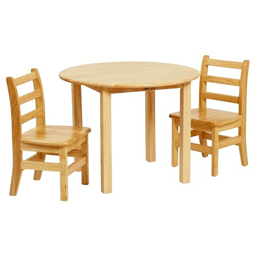ECR4Kids 30in D Round Hardwood Table and Chair Set, 12in Seat Height, Kids Furniture, Honey, 3-Piece