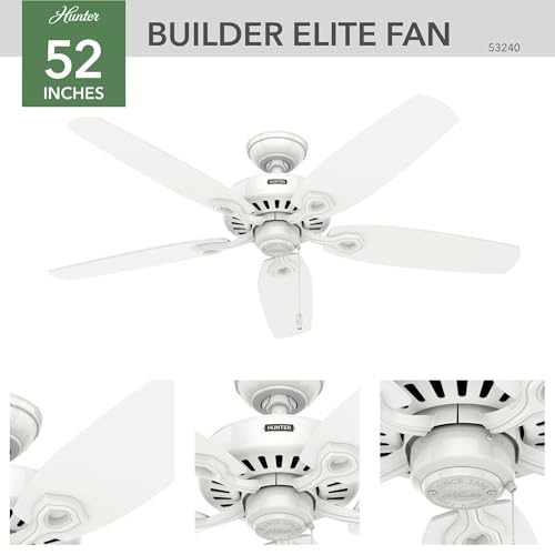 Hunter Builder Elite, Indoor, Ceiling Fan, No Light, 52 inch, Snow White | Standard Mount, Pull Chain, 5 Blades, For Bedroom, Living Room, Kitchen, 53240