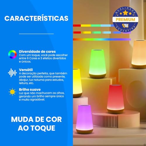 Luminária de Mesa LED Portátil Touch Sem Fio com USB, 13 Cores de Luz, Ajuste de Intensidade e 3 Modos de Iluminação, Ideal para Quarto, Sala e Leitura – Qualidade Premium LNMAX®