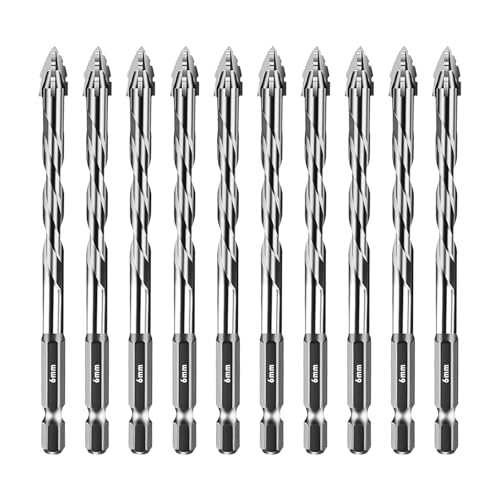 4 Flute Sawtooth Eccentric Drill Bit, 10PCS 4 Blade Serrated Drill Bit 1/4 Hex Shank Carbide Tip Tile Drill Bit Set Concrete Masonry Drill Bits for Brick Wood Plastic Porcelain (6mm,Silver)