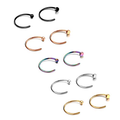 JewelrieShop Stainless Steel Nose Ring Piercing Body Jewelry (Nose Hoop Ring Set Assorted colors 10pcs/set Unisex-20 gauge)- #M07. 10 Pcs 5 Colors S-20G