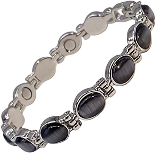 Helena Rose Ladies Magnetic Bracelet for Women - Black Semi Precious Cats Eye Stones - Fits Wrists Up to 18.5cm Adjustable Size - Presented in a Jewellery Gift Box