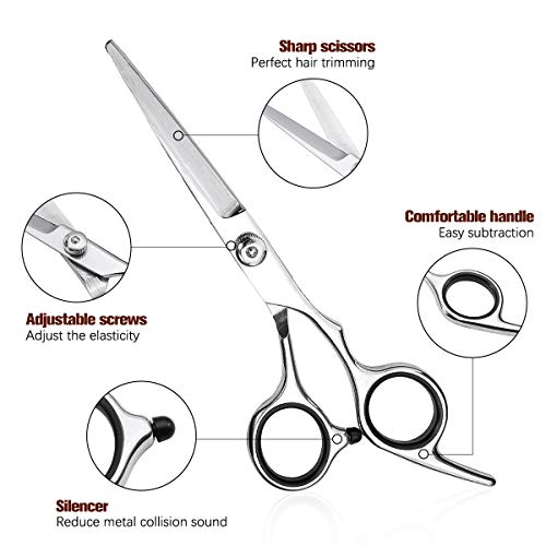 Hair Cutting Scissors Kit, Liaboe Professional 6Pcs Hairdressing Shears Set, with Hair Cutting Scissors, Thinning Shears, Hair Comb, Clips, Cleaning Cloth, Leather Bag, for Home/Salon (Sliver)