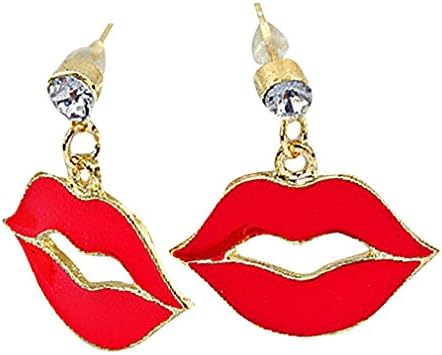 FanC, Women's Fun Gold Plated Red Lip Shaped Clear Zircon Stud Dangle Earrings