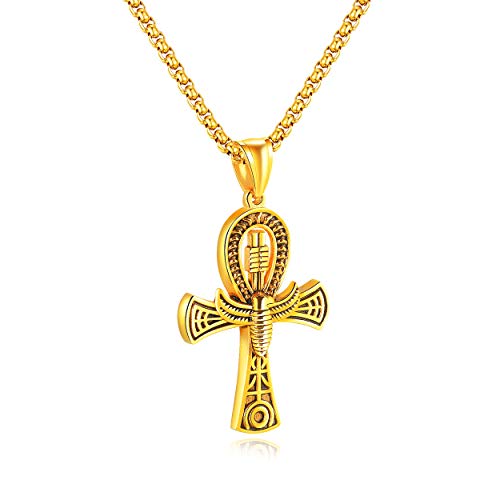 Rehoboth Stainless Steel Ancient Egyptian Coptic Ankh Cross Pendant Necklace for Womens Mens 24 Inch Chain Black Gold Silver