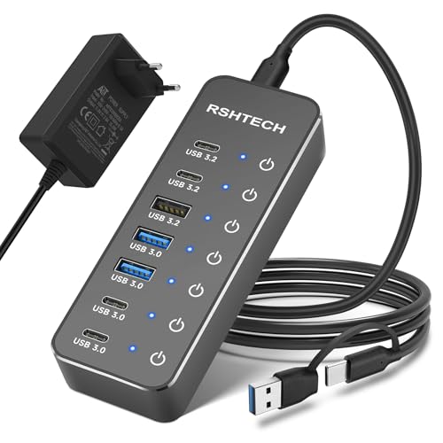 RSHTECH 7 port hub 3 x 10Gbps 4 x USB 3.0 (2 x USB-A, 2 x USB-C) aluminium cable 100 cm