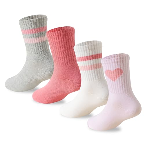 Wamvp Girls Socks Kids Pink Crew Athletic Socks with Hearts Striped 4 Pairs for Children 4-12 Years