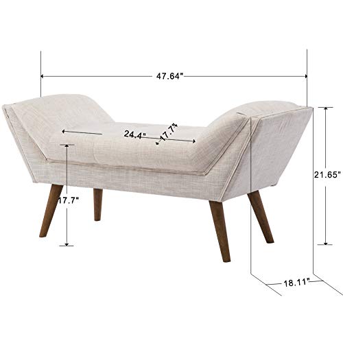 Upholstered Bedroom Bench with Arms, Tufted Fabric Linen Vanity Bench with Rubber Wood Legs, Beige