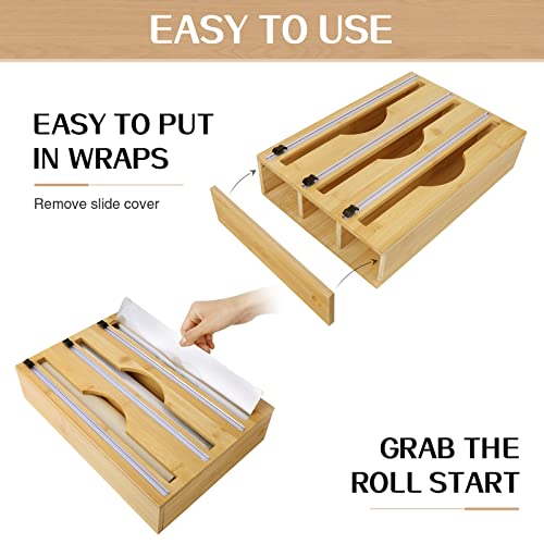 3 in 1 Foil and Plastic Wrap Organizer with Labels, Bamboo Aluminum
