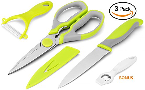 Kitchen Knife and Scissors Set by WELLSTAR, Heavy Duty Multi-Purpose Food Shears and Ultra Sharp Utility Knife with Safety Blade Cover, 3pc Food Grade Stainless Steel Cutlery Peeler Set