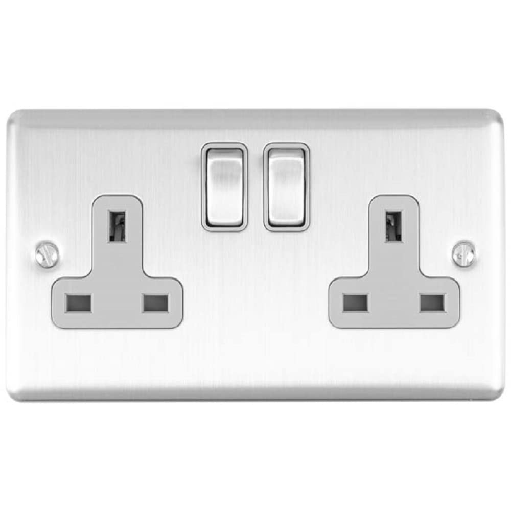 Enhance Decorative 2 Gang Socket Satin Stainless Finish With Grey Trim