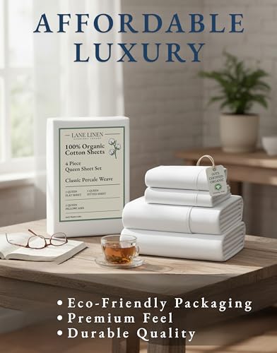 Lane Linen Bed Sheets Queen 100% Organic Cotton Sheets - White | GOTS Certified, 4pc Bedding Set, 15" Pocket, Percale Weave, Highly Breathable, Machine Washable, Cold Wash Safe