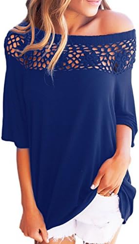 HIKARE Women's 3/4 Sleeve Off Shoulder Crochet Lace Shirt Loose Casual Blouse Top