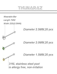 Thunaraz - Juego de 72 piercings de acero inoxidable para nariz, aros y nariz, 0.71-0.78 oz