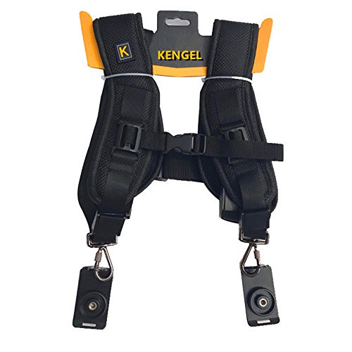 KENGEL Doppelschulter Doppel-Kameragurt, während die beiden Kameras eine Stativbasis haben.