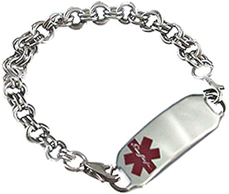 Women's Medical Alert Double Links Stainless Bracelet, FREE Engraving, FREE WALLET CARD