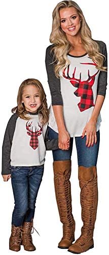 Christmas Outfits Mommy and Me Fashion Deer Print Long Sleeve T Shirt Blouse Tops Matching Family Outfits