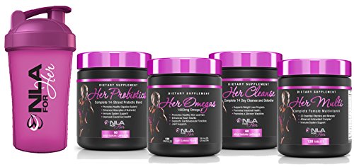 NLA for Her - Healthy Living Stack - Her Probiotics, Her Cleanse, Her Omegas, Her Multi & Shaker Bottle - 1 Complete Stack