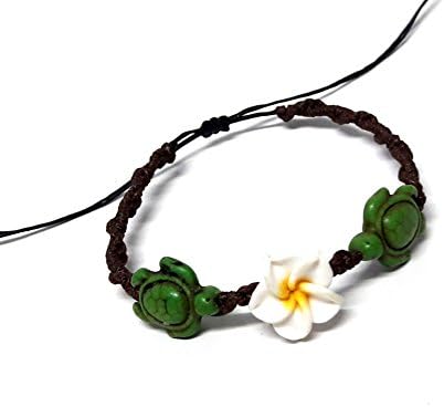 LAVIP LeatherBracelet Hawaiian Plumeria Flower Sea Turtle Green Bracelet Turtle Hemp Bracelet