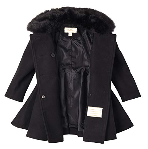 Cremson Girls' Wool Look Princess Winter Dress Pea Coat Jacket Faux Fur Collar - Black (Size 16)
