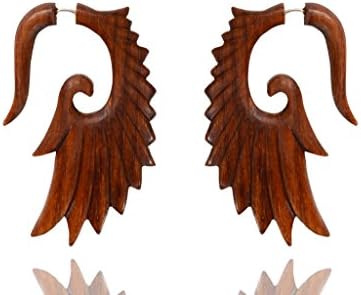 Ethnic Arts India Tibetan Brown Wooden Tribal Wings Design Fake Guage Wood Earring WER094A