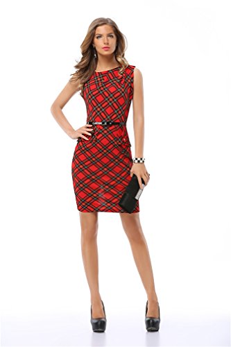 Plaid(S-3XL) Midi Pencil เสื้อผ้าคนอ้วน Sleeveless Office Work Dress เดรส แฟชั่นชุดทำงาน LIMG ผู้หญิง
