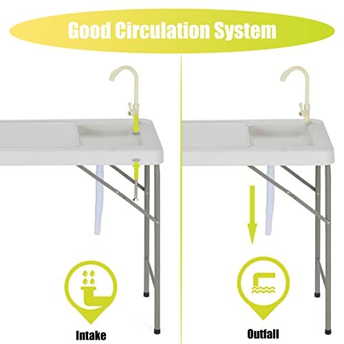 AVAWING Outdoor Fish Cleaning Table w/Sink, Folding Fishing Camping Table w/Faucet and Drain