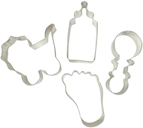 TwiceBooked Baby Shower Newborn Celebration Cookie Cutter Bundle - Set of 4 Includes Right Foot, Rattle, Bottle and Baby Carriage 3 1/2 - 4 Inch Metal Cutters - Made in the USA