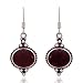 925 Sterling Silver Garnet Gemstone Indian Inspired Vintage Oval Dangle Hook Earrings 1.5