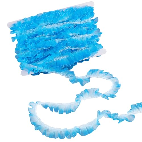 CABODYALS 10.94 Yards 26mm Blue Gradient Tulle Lace Trim Pleated Chiffon Ruffle Fabric Rainbow Edge Gathered Vintage Polyester Wrinkle Ribbon for Sewing Making Dress Skirt Wedding Home Decor DIY Craft